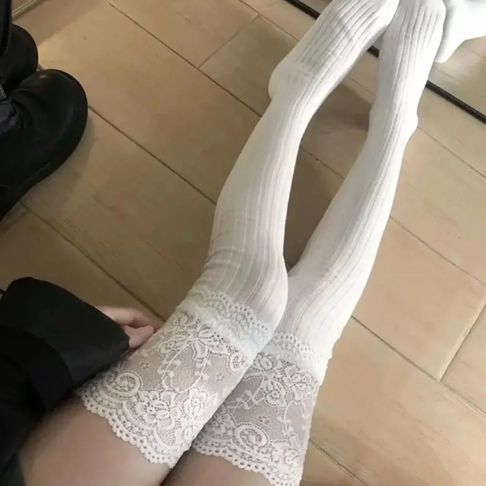 White Lace Top Thigh High Sock-Stockings Sweet JK Style Slim Fit Over The‎ Knee